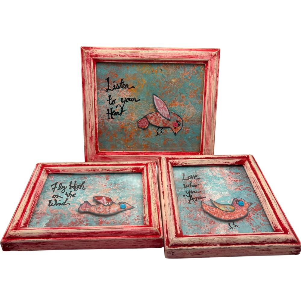 Whimsical Mixed Media Bird Collages Trio Signed Liz M - Shabby Chic Red Frames